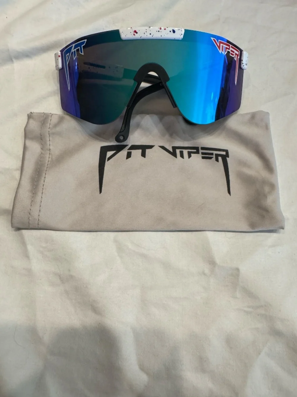 Pit Viper The 2000s Sunglasses Blue Mirror White Splatter Shield + Pouch